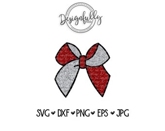 Puede incluir: Un lazo de diseño digital con texturas de purpurina roja y plateada, delineado en negro. El lazo está centrado sobre un fondo blanco, con el texto "Designfully" encima. Debajo, los tipos de archivo: SVG, DXF, PNG, EPS y JPG.
