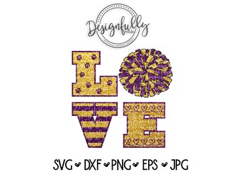 May include: A digital design featuring the word "LOVE" in gold and purple. The "L" has paw prints, the "O" is a pom-pom, the "V" has stripes, and the "E" has hearts. The design includes file formats: SVG, DXF, PNG, EPS, and JPG.