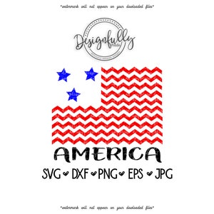May include: A patriotic design featuring a stylized American flag with red and white chevron stripes and blue stars. The word "AMERICA" is displayed in bold black letters, with file type abbreviations below.