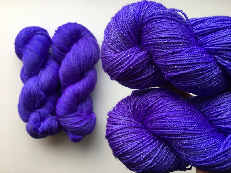 Neon Purple Glitter Socks Merino Superwash yarn with sparkling Stellina by Skimikin Studios 420m115g