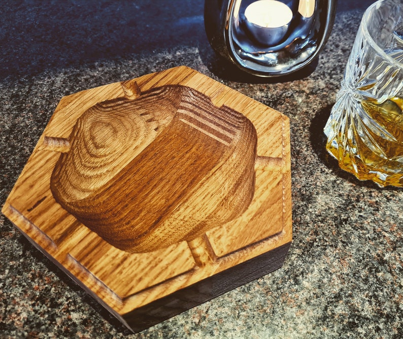 Cigar Ashtray  Solid English Oak Carved 6 x 6 image 0