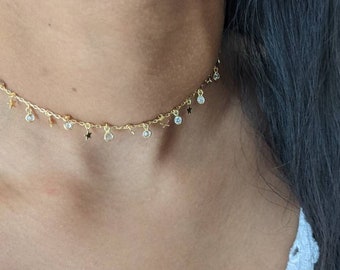 Dainty Crystal and Star Choker Necklace - 14k Gold Filled