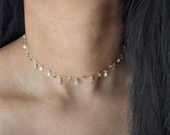 Dainty Crystal and Disc Choker Necklace - 14k Gold Filled