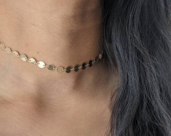 Sierlijke munt cirkel choker ketting - 14k goud gevuld