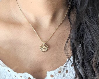 Dainty Zodiac Astrologische Munt Medaillon Charme Ketting - 14k Goud gevuld