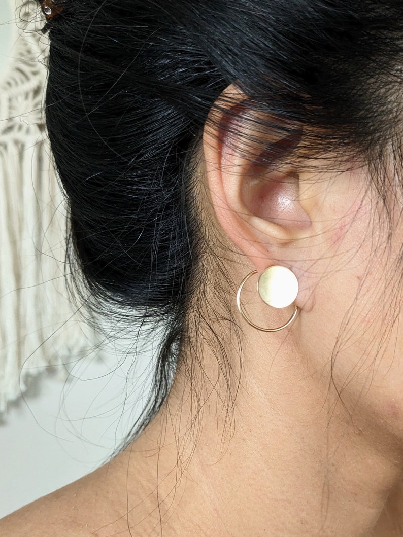 Ear Jacket Threader Solid Circle L Combo Front and Back Earrings : 14k Gold Filled or Sterling Silver image 2