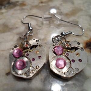 Steampunk watch earrings pink crystals