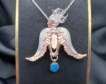 925 Sterling Silver Angel Pendant, Silver Angel Necklace, Natural Blue Opal Gemstone, Angel with Folding Wings Necklace, Gift For Women