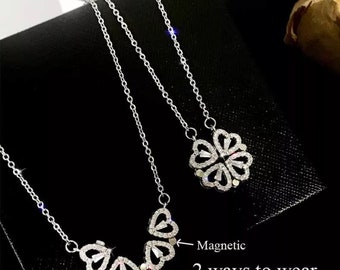 Collana con trifoglio con zirconi cubici / pendente a cuore\regali / pendente placcato in oro / gioielli / pendente in acciaio inossidabile/collana magnetica a quattro cuori