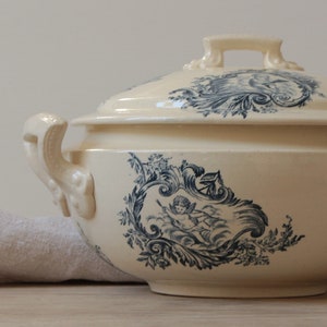 French antique Antoinette ironstone soup tureen / Salins / blue tranferwareantique ironstone