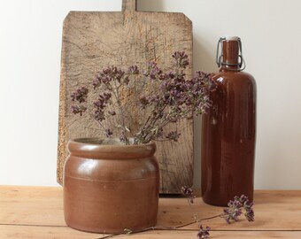 French farm decor / antique cuting board / Glazed Stoneware Bottles / confit pot