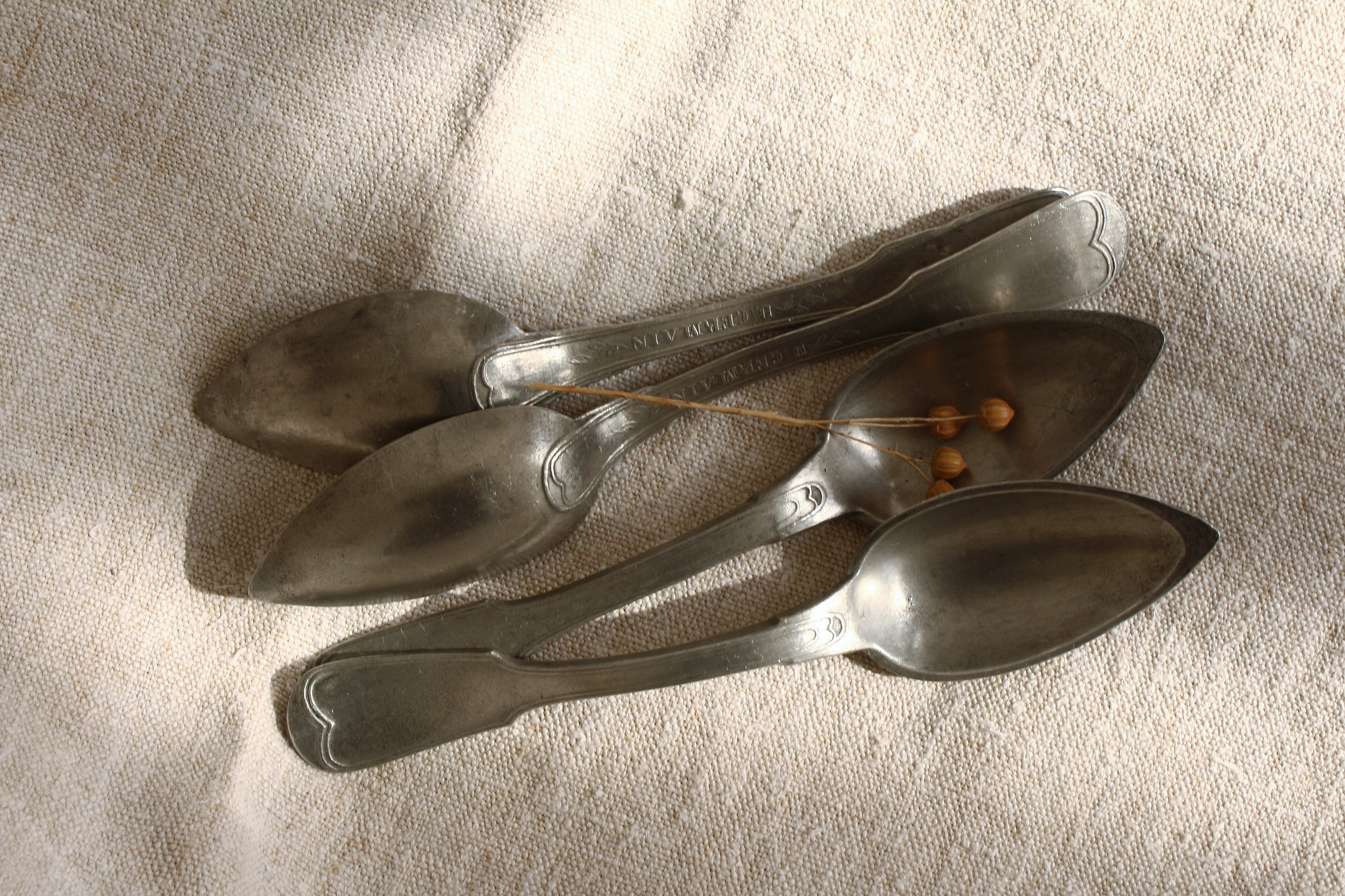 Four Antique French Pewter Metal Spoons