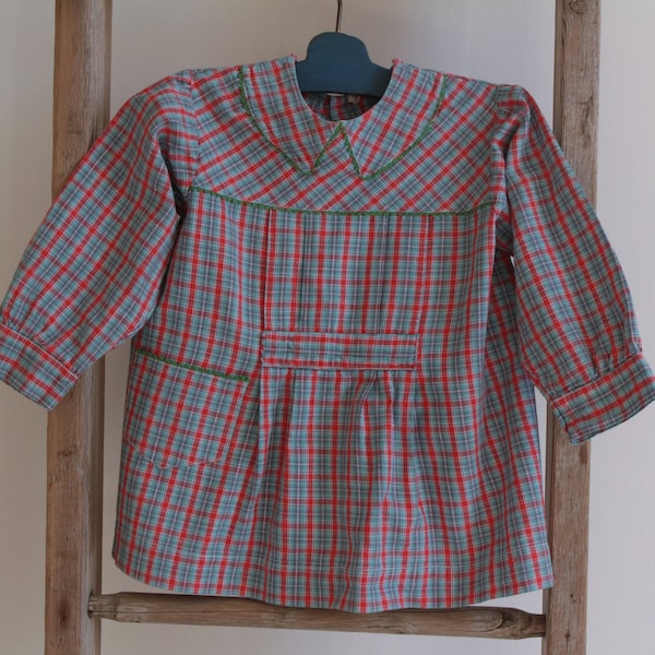 French 1940's children cotton button up play smock