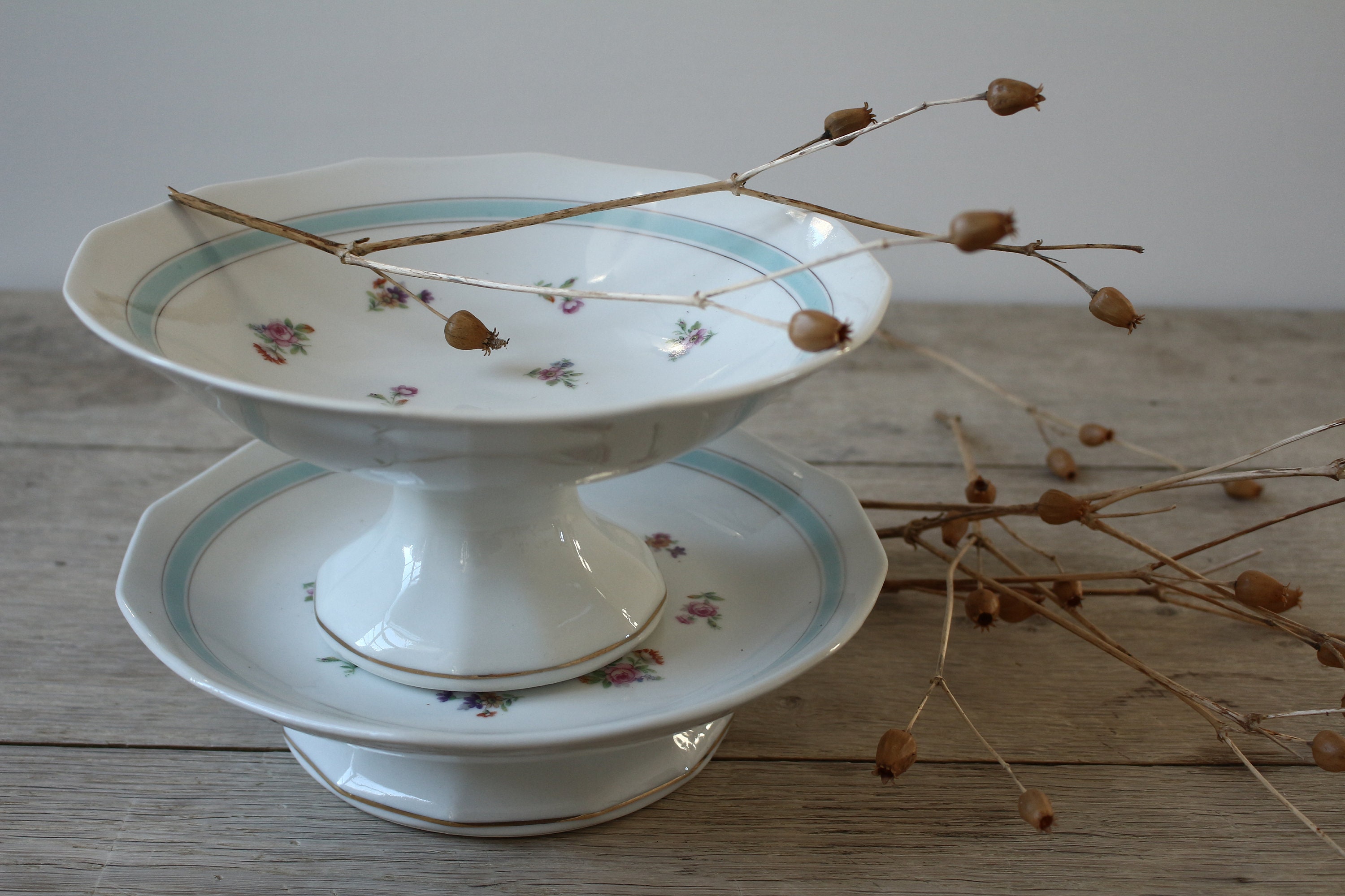 Set Of Two Vintage French Ceramic Cake Stand