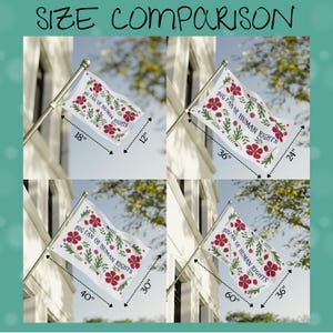 Size comparison graphic for the “Big Fan of Human Rights” house flag, showing four available dimensions displayed on a porch-style flagpole. The images illustrate sizes 12x18 inches, 24x36 inches, 30x40 inches, and 36x60 inches, with dotted arrows marking width and height for each option. The comparison helps visualize scale differences, from small garden-style flags to large, standard house flag sizes suitable for front-of-home display.
