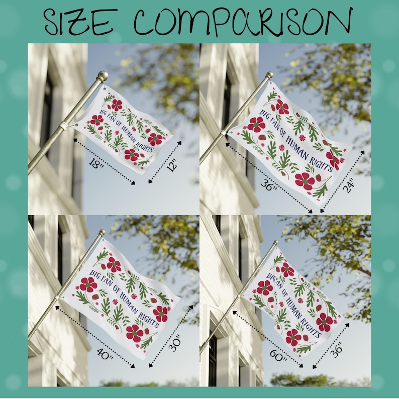 Size comparison graphic for the “Big Fan of Human Rights” house flag, showing four available dimensions displayed on a porch-style flagpole. The images illustrate sizes 12x18 inches, 24x36 inches, 30x40 inches, and 36x60 inches, with dotted arrows marking width and height for each option. The comparison helps visualize scale differences, from small garden-style flags to large, standard house flag sizes suitable for front-of-home display.
