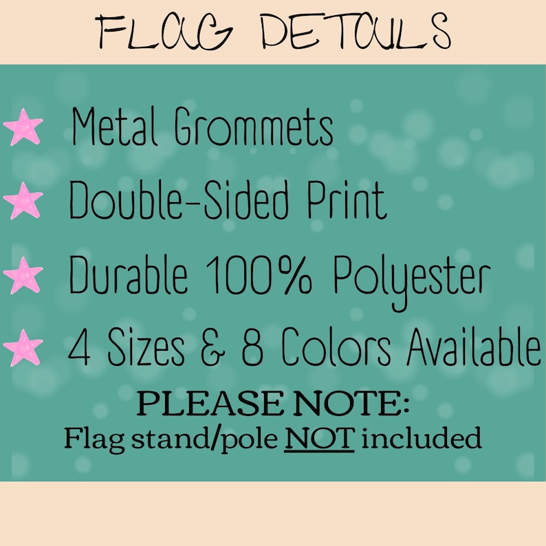 Graphic titled “Flag Details” listing product features for the Big Fan of Human Rights house flag. Text highlights metal grommets, double-sided print, durable 100% polyester fabric, and availability in four sizes and eight colors. A note at the bottom states that the flag stand or pole is not included. The layout uses a teal background with decorative accents for clarity.