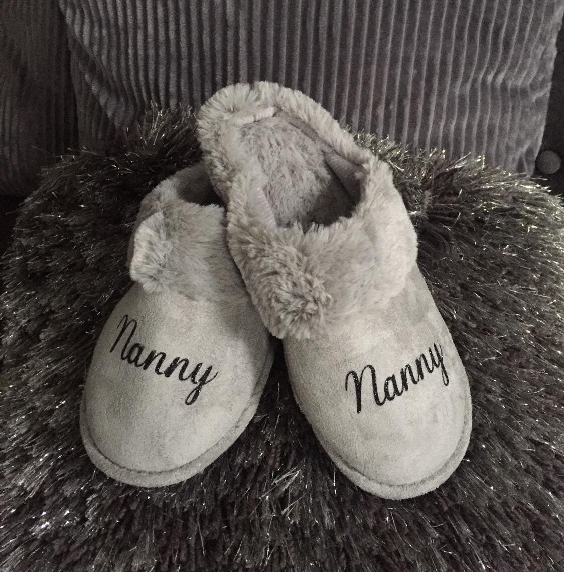 Personalised grey faux fur slippers ladies womens Nan mum Etsy