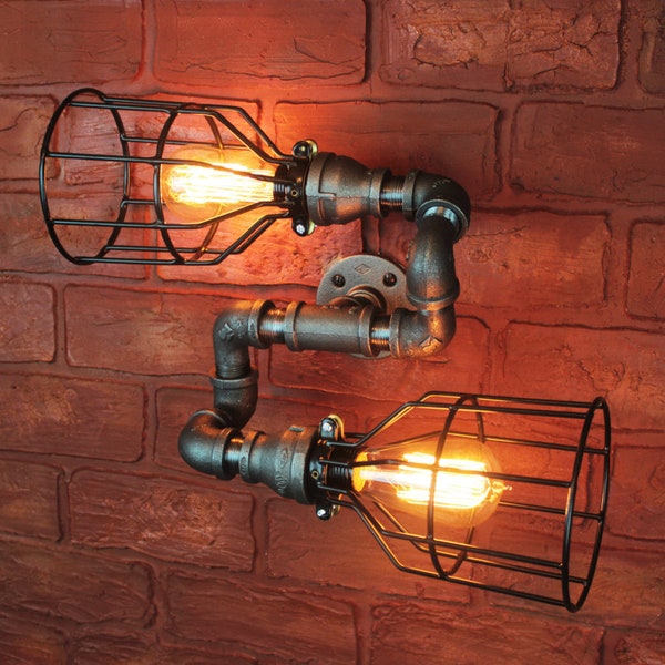 Wall Sconce Industrial Pipe Lighting w/ Cages, Black galvanized Steampunk vanity light fixture. vintage Edison Light bulbs, pipe light