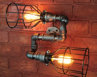 Wall Sconce Industrial Pipe Lighting w/ Cages, Black galvanized Steampunk vanity light fixture. vintage Edison Light bulbs, pipe light