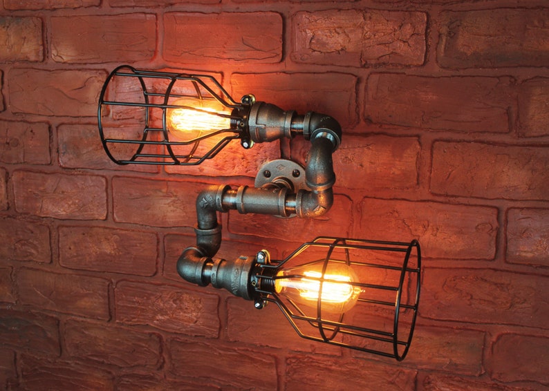 Wall Sconce Industrial Pipe Lighting W/ Cages Black Etsy