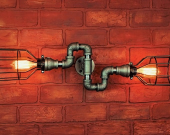 Wall Sconce Industrial Lighting w/ Cages, Black Pipe Steampunk Bathroom vanity light fixture. intage Edison Light bulbs, Loft art pipe light