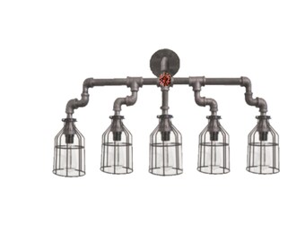 Custom Order: 5 light Bathroom vanity light fixture, Industrial pipe lighting with black cages, above mirror /sink wall sconce shown vintage