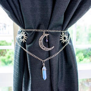 Opalite Crystal Curtain Tieback | Steel Chain & Moon Charms | Gothic Celestial Home Decor