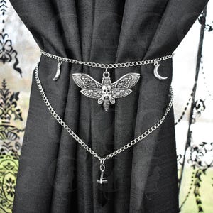 Deaths Head Moth Curtain Tieback with Natural Obsidian Crystal, Steel Chain and Charms, Sleek Handmade Home Decor, Gothic Mystical Accessory