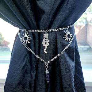 Gothic Cat Curtain Tieback | Blue Goldstone & Sun Charms | Celestial Witchy Home Decor