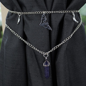 Bat Curtain Tieback | Blue Goldstone Crystal & Moon Charms | Gothic Witchy Window Decor