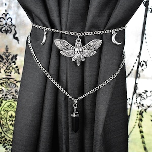 Death’s Head Moth Curtain Tieback | Obsidian Crystal & Moon Charm | Gothic Window Decor