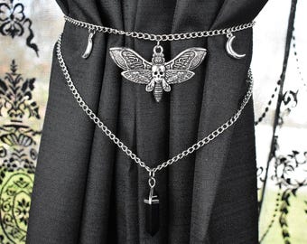 Death’s Head Moth Curtain Tieback | Obsidian Crystal & Moon Charm | Gothic Window Decor