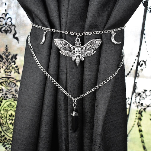 Death’s Head Moth Curtain Tieback | Obsidian Crystal & Moon Charm | Gothic Window Decor