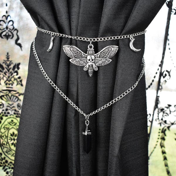 Embrasse de rideau en forme de tête de mort | Charm cristal d'obsidienne et lune | Décoration de fenêtre gothique
