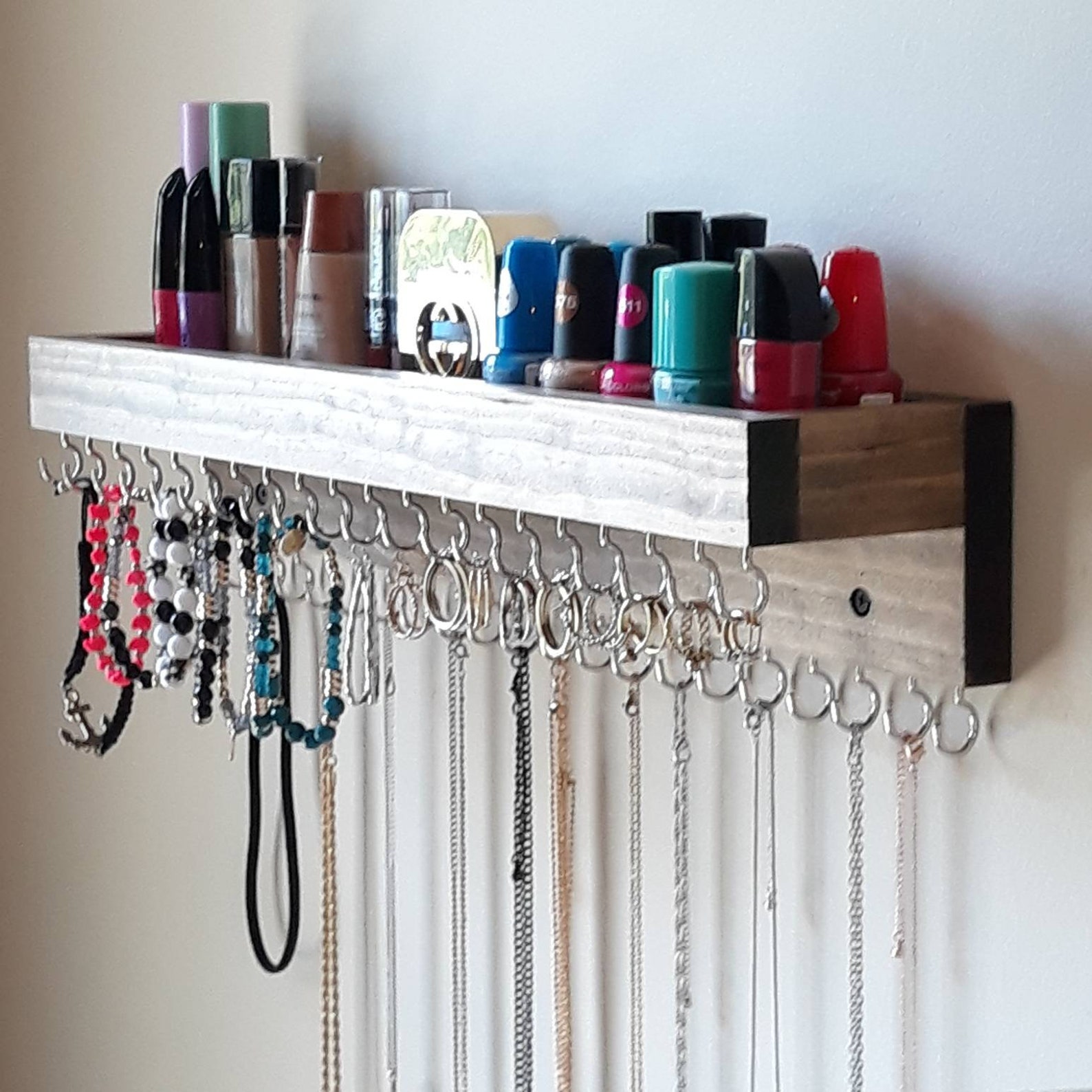 Wooden Hanging Jewelry Organizer Wall Mount With Shelf Etsy
