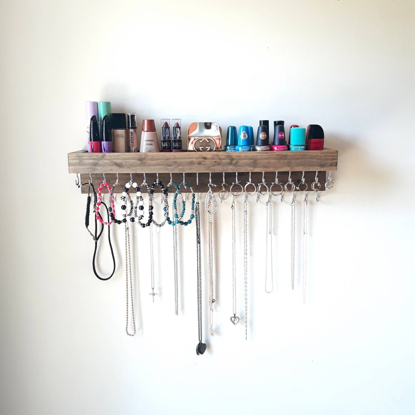Wooden Hanging Jewelry Organizer Wall Mount With Shelf Etsy