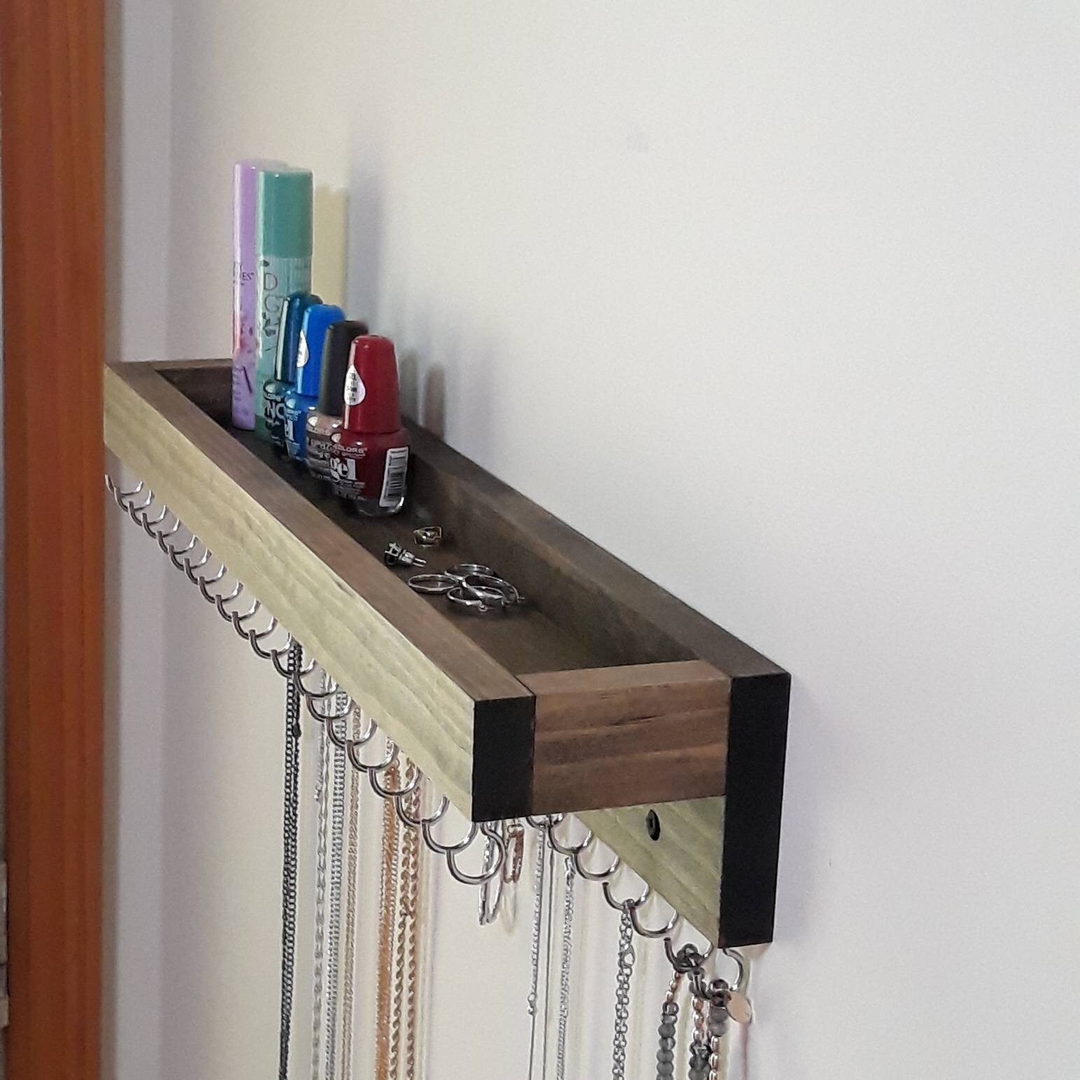 Wooden Hanging Jewelry Organizer Wall Mount With Shelf Etsy