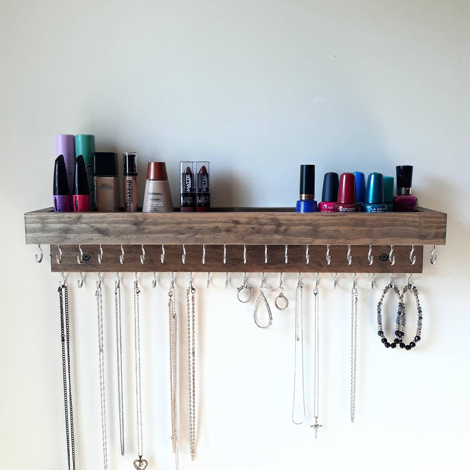 Wooden Hanging Jewelry Organizer Wall Mount With Shelf Etsy