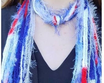 Red White and Blue Scarf, Boho Fringe Scarf, Eyelash Yarn Scarf, Red White and Blue Outfit for Girls, Red White and Blue Headband for Women