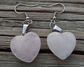 Rose Quartz Dangle Earrings, Valentines Day Heart Earrings, Rose Quartz Drop Earrings, Rose Quartz Heart Earrings, Unique Valentine Earrings