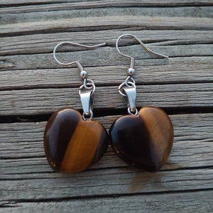 Tiger Eye Dangle Earrings, Tiger&#39;s Eye Jewelry, Tiger Eye Stone Earrings, Valentine&#39;s Day Heart Earrings, Unique Valentine&#39;s Day Earrings,