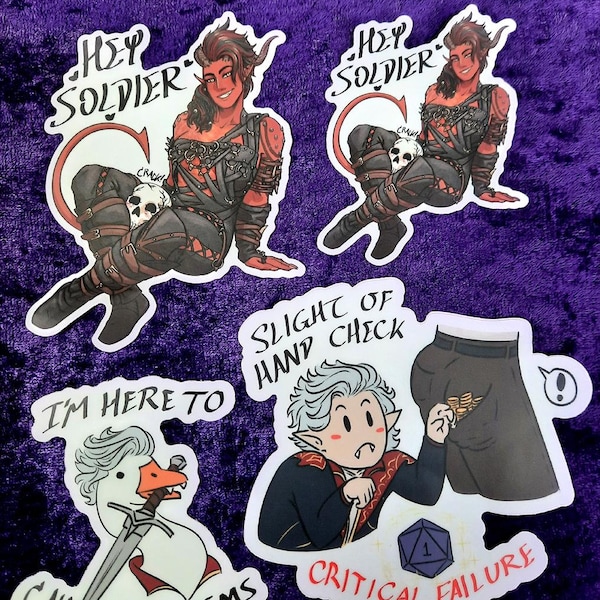 BG3 Stickers - Karlach "Hey Soldier", Astarion, Goostarion | Vinyl Stickers