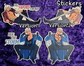 May include: Four 4-inch stickers featuring anime-style illustrations of a character with white hair and a sword. Two stickers have the text "BIG SWORD ENERGY" and "Version 1" and "Version 2". The other two stickers have the text "RIDE THE STORM".
