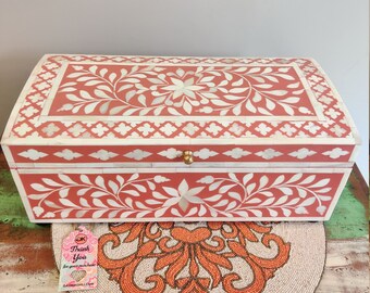 Vintage Wood Hinge Box with Mother of Pearl Inlay Design Throughout Manila Red Lined Vintage Box by Rosas Artcrafts Inc Ermita