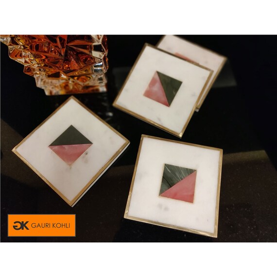 Large Size | Set of 4 GAURI KOHLI Beautiful White Marble Coasters with Cork Bottom; Embellished with Luxurious Gold Inlay Large Size | Set of 4 GAURI KOHLI Beautiful White Marble Coasters with Cork Bottom; Embellished with Luxurious Gold Inlay