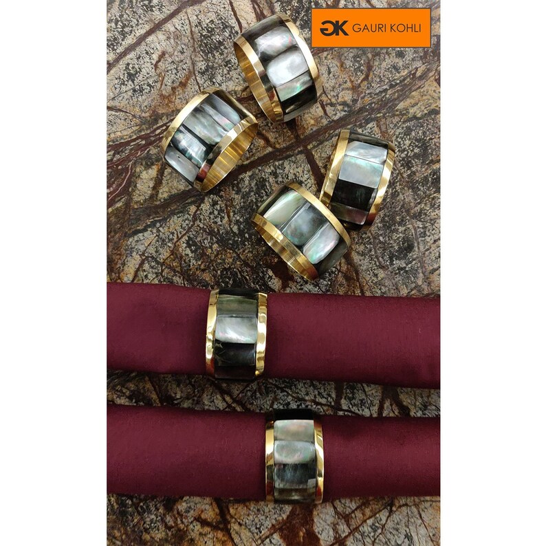 Set of 6 GAURI KOHLI Hand Carved Wooden Napkin Rings Elegant Design