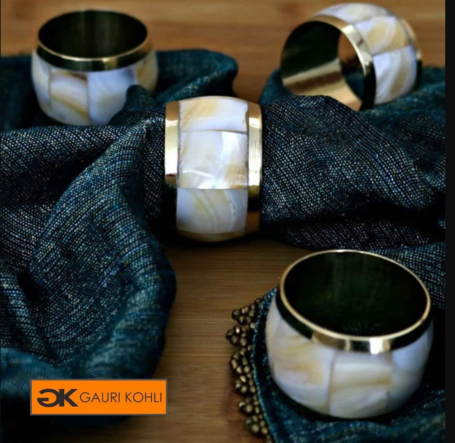Set of 6 GAURI KOHLI Hand Carved Wooden Napkin Rings Elegant Design