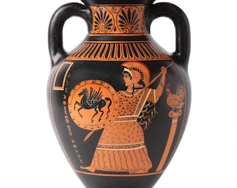 Antica anfora panatenaica greca a figure rosse con Atena - Riproduzione in ceramica greca fatta a mano (20 cm/7,9")