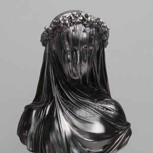 Veiled Lady Bust Sculpture in Black - Female Antique Art Statue in Marble Stone - 37CM / 14.5&quot;